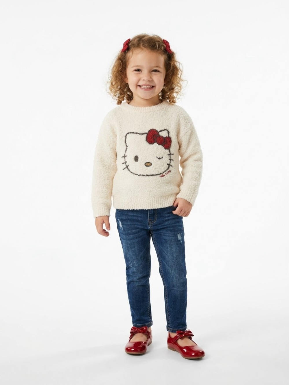 Hello Kitty Cream Fuzzy Knit Sweater Top Size 5-6 Yrs Cute Fall Winter Sweater